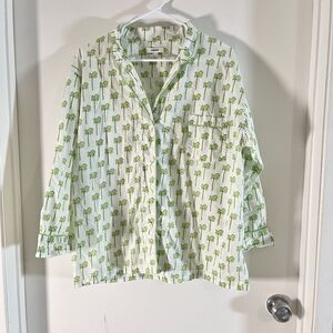Marigot Pajama Top Green White Short Sleeve coconut trees Print